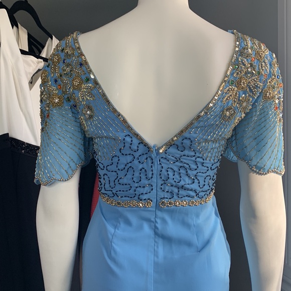 Virgos Loung Blue Beads Embellished Dress Tulip Midi Formal Small New - Picture 9 of 13